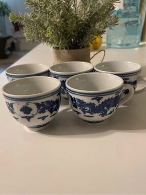 Blue and White Porcelain Tea Cups - Set of 5